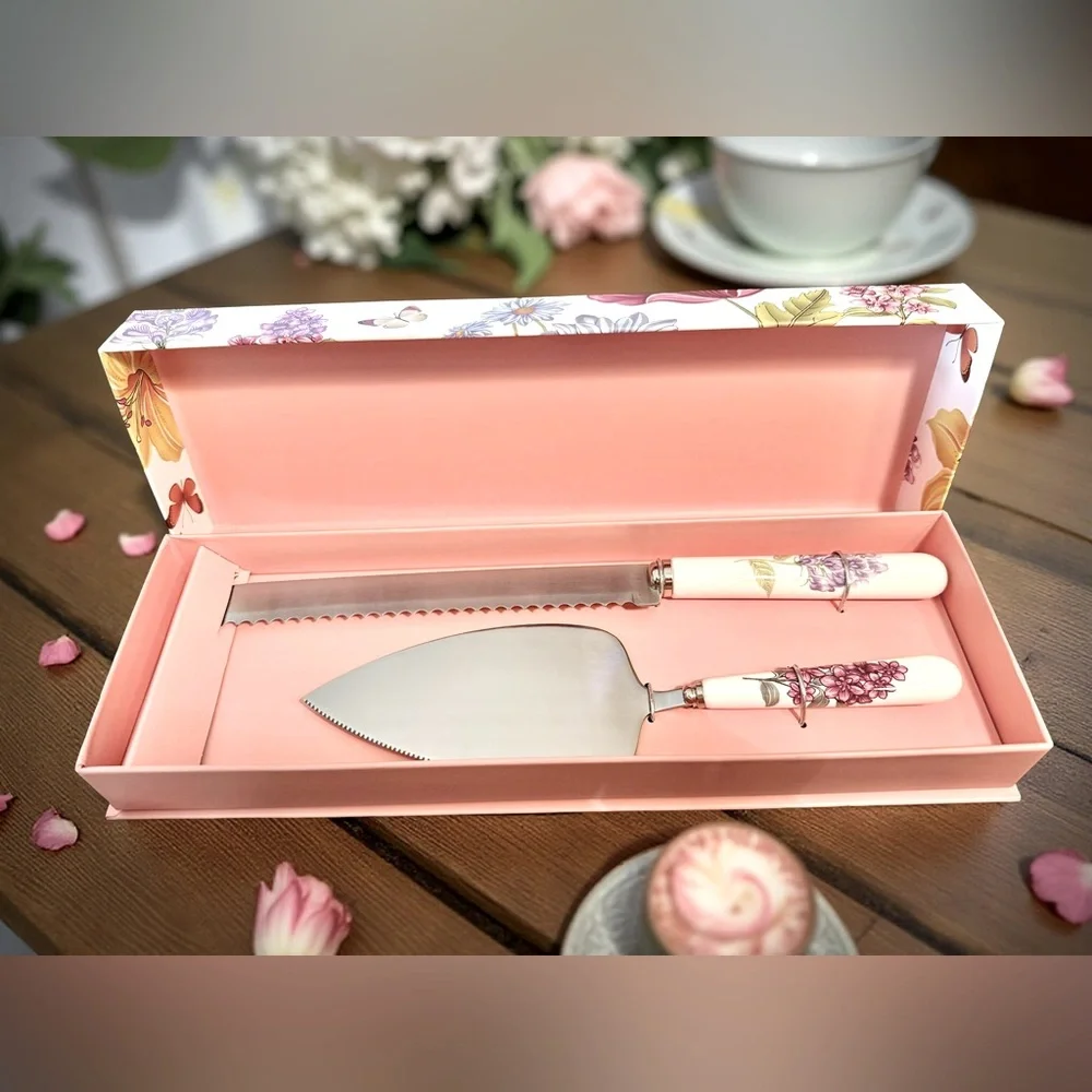 Grace NWT Beautiful Floral Porcelain Cake Knife & Server Set